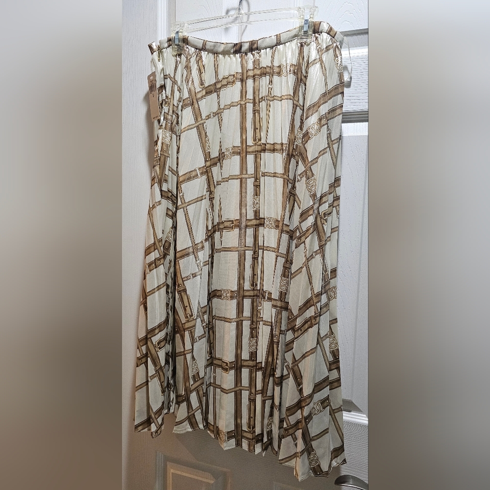 NWT Lauren Ralph Lauren Belt Print Pleated Metallic Midi Skirt Size 10 - Picture 3 of 5